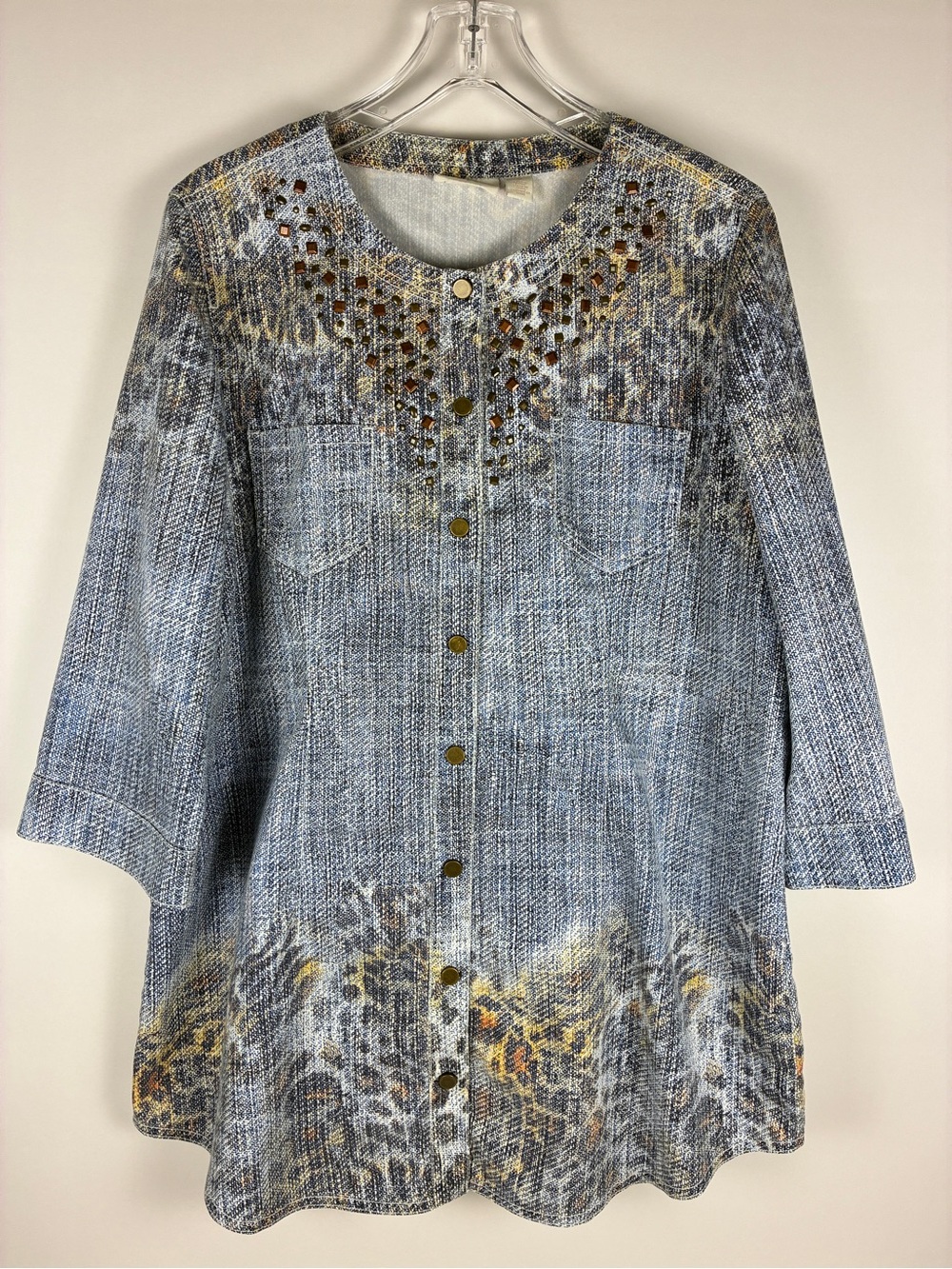 Chico's Faux Denim Leopard Print Studded Snap Tunic Shirt Jacket Size 2/US Med